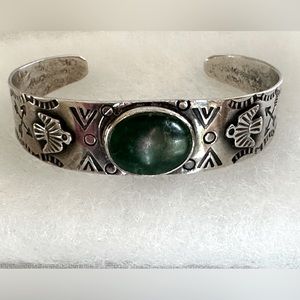 Native American Hand-stamped Bracelet of  ingot sterling silver with green stone